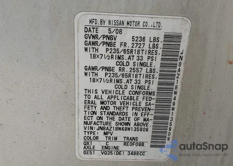 2009 Nissan Murano Sl from USA, damaged, VIN JN8AZ18W49W135909